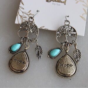 Hope Tree of Life Earrings Dangle Earrings Feather Turquoise / Teal Stone